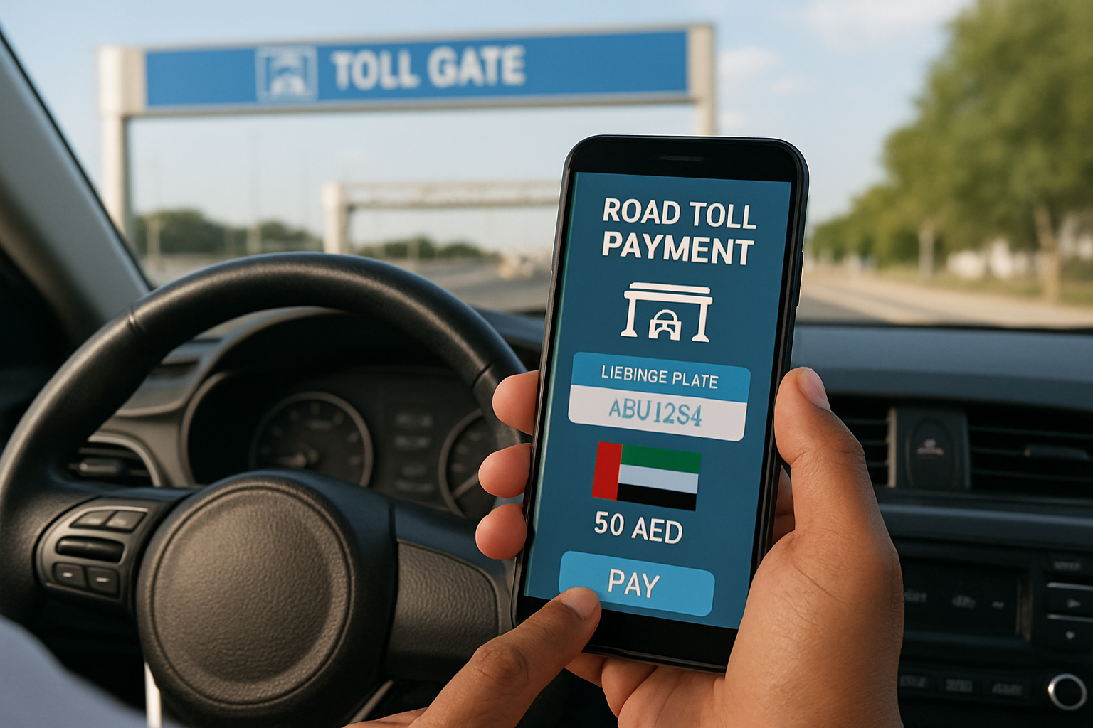 Customer using mobile app for road toll payment in the UAE