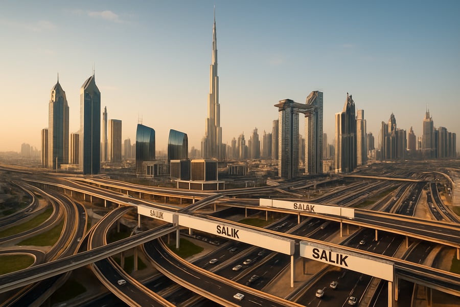 Dubai skyline with highways and toll gates