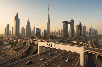 Dubai skyline with modern roads and electronic toll gates